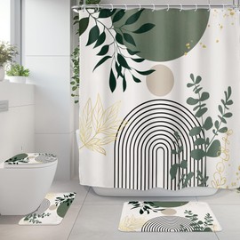 Riyidecor Mid Century Boho 4Pcs Bathroom Shower Curtain Sets Modern Sage Green Bathroom Decor Set with Rugs and Accessories Green Leaves Toilet Lid Rug, Contour and Bath Mat with 12 Hooks