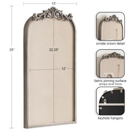 Kate and Laurel Arendahl Arch Pinboard, 13 x 25, Silver, Framed Arched Ornate Vintage Cork Board for Use as Motivational Vision Board or Wall Organizer