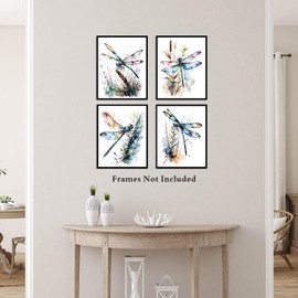 Watercolor Dragonfly Print,Abstract Dragon Fly Painting Gift,Colorful Insect Wall Art Prints,Dragonfly Floral Pictures Artwork Printing for Bathroom Living Room Wall Decor,Set of 4(8''x10''Unframed)