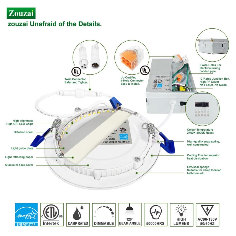 zouzai 1 Pack 6 Inch 5CCT Ultra-Thin LED Recessed Ceiling