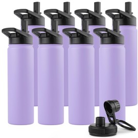 DOMICARE Insulated Water Bottle, 22 oz Vacuum Insulated Stainless Steel Reusable Sports Bottle with Straw Lid & Spout Lid for Travel, Camping, Bike, Leakproof, Purple, 8 Pack