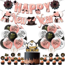 Happy New Year Party Decorations 2025 New Years Eve Decorations Birthday Decorations for Boys Girls Rose gold and black White with Happy New Year Backdrop for New Year Celebration Wedding Graduation