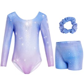 Gogokids Girls Three-Piece Gymnastics Leotards, Long Sleeve Gymnastics Set with Shorts and Hairband, Sparkling Ballet Dancing Unitards - Gymnastics Outfit with Gradient Color Design for 5-6 Years