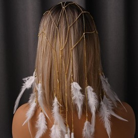 Dickly Tassel Feather Headband Headwear Hair Jewelry Head Chain Rhinestone Hair Accessories for Prom Woman Nightclub Bridal Holiday, Gold