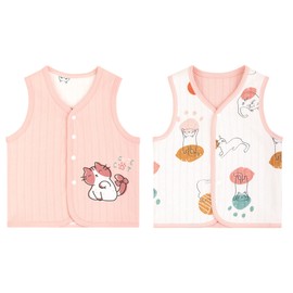 ANIMQUE Baby Toddler Vests Double-Sided Sleeveless Children's Vest Cotton Children's Jacket Spring Autumn Cardigan Top with Press Stud, 7071 Cat Pattern Pink