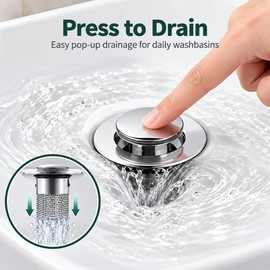 Sink Drain Stopper for Washbasins – Press-Type Stainless Steel Pop-Up Plug with Bouncing Core for Bathroom Sinks
