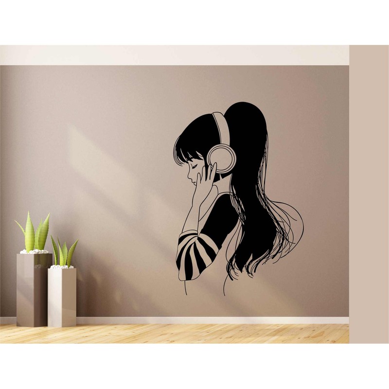 Heaven Decors Girl with Music Headphone Black Wall Sticker Size(59