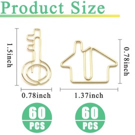 120 Pcs Paper Clips,60 Pcs House Shaped Paper Clips 60 Pcs Key Shaped Wire Paper Clip for Kids Student School Office Home Classroom Desk Accessories Gift