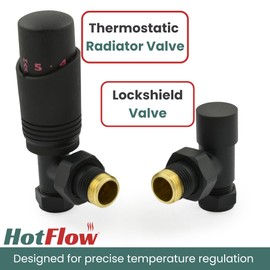 Hot Flow Textured Black Cascade Angled Modern TRV Thermostatic Radiator Valve (Pair) Includes Angled TRV Body & One Lock Shield for Quick & Easy Temperature Control. Perfect for Energy Saving.