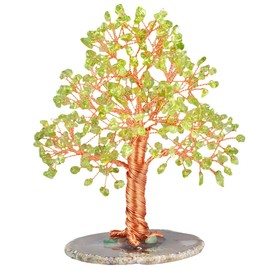 Rockcloud Natural Peridot Crystal Tree Stones Chips Money Tree with Agate Slice Base Home Decoration for Wealth and Luck, 5-6 inches