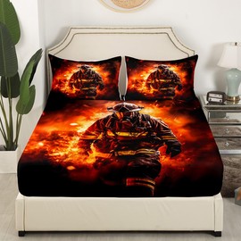 Firefighter Bed Sheet Set Twin,Realistic Flame Fire Fighting Soft Microfiber Sheet Set for Bedroom Decor All Season,Vintage Country Decor Fitted Sheet + Flat Sheet + 1 Pillow Case