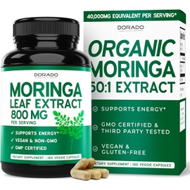 Organic Moringa Capsules 40,000mg (3 Month Supply) Pure Organic Moringa Leaf Powder Supplement - Energy, Skin, Gut Health Support - Vegan Safe, Third Party Tested & Non GMO - USA Made - (180 Capsules)