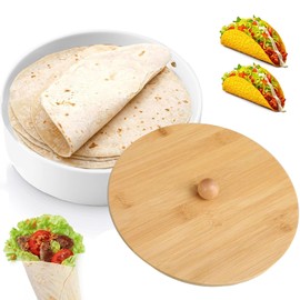 Ceramic 9 Inch Tortilla Warmer with Bamboo Lid, Tortilla Server with lid, Tortilla Warmer Basket, Taco Holder for Taco Tuesday Night, Mexican Fiesta Party