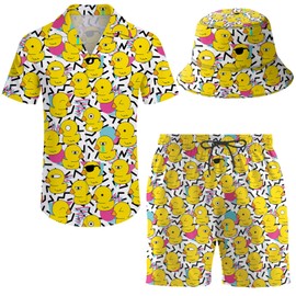 ifamawlea Men's 2 Piece Tracksuit Hawaiian Shirt Shorts Button Down Shirt and Shorts Sets with Bucket Hats, Retro 80s90s Memphis Rubber Duck, Medium