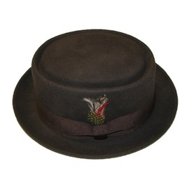 Brown Unisex Superb Foldable Pork Pie Trilby Hat with Matching Band and Removable Feather 100% Wool Hand Made (Medium)