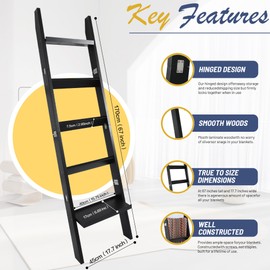 NIUBEST 67" Wooden Blanket Ladders for The Living Room,5-Tier Ladder Shelf, Ladder Rack for Storage and Decor (Black)