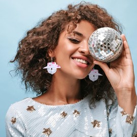 Disco Ball Earrings for Women Mirrorball Earrings 80s Earrings Cowgirl Earrings Costume Accessories Jewerly Gift for Women (Red+Whit)