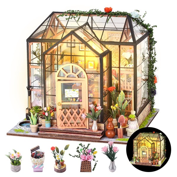 Taimimy DIY Miniature House Dollhouse Greenhouse with Light and Furniture,