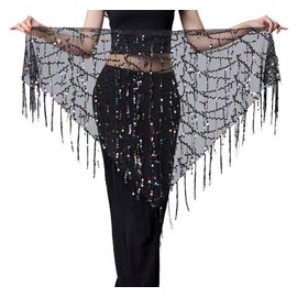 Lauthen.S Women Belly Dance Hip Scarf, Sequin Tassels Triangle Tribal Wrap Skirt Waist Chain Black(Multicolor Sequins)