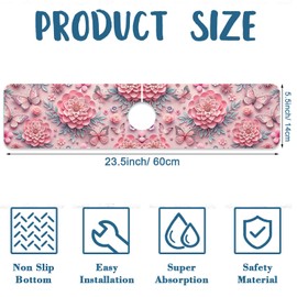 Pink Floral Sink Splash Guard Faucet Mat Flower Butterfly Super Absorbent Fast Drying Mat Sink Gadgets-Splash Guard Behind Faucet Drip Catcher for Kitchen Bathroom, 23.5"x5.5"