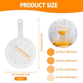 Fine Sieve with Handle, 4 Pieces Fine Sieve Kitchen with 4 Hooks, 100/200/300/400 Mesh Fine Mesh Hair Strainer Kitchen Mesh Strainer for Juice, Coffee, Milk Strainer