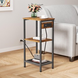 Creso hom Tall End Table with Charging Station, 3 Tier Narrow Side Table with USB Ports and Outlets, Tall Nightstand with Storage, Bedside Table Stand for Bedroom, Living Room, Dorm, Rustic Brown