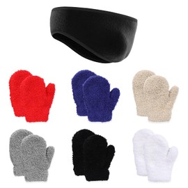 LSYYSL 6 Pairs Of Children'S Gloves And 1 Warm Ear Protection Headband, Coral Velvet Gloves, Thermal Gloves, Winter Thermal Supplies