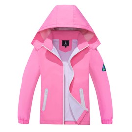 SaphiRose Kids Rain Jacket Waterproof Raincoat Mesh Lined Coat with Removable Hood for Boys Girls (Pink,8-9 years)