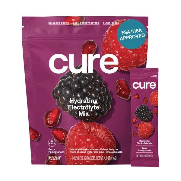 Cure Hydrating Electrolyte Mix | Powder for Dehydration Relief | FSA & HSA Eligible | Made with Coconut Water | No Added Sugar | Vegan | Paleo Friendly | Pouch of 14 Packets - Berry Pomegranate