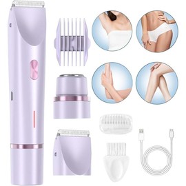 Bikini Trimmer for Women, Electric Shaver and Razor Rechargeable 2-in-1 Body and Facial Epilator, Dual Heads for Painless Trimming of Pubic Hair, Face, Underarms and Legs, IPX7 Waterproof, New Year Gift Shaving Grooming - Color: Pink