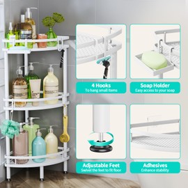 HapiRm Standing Corner Shower Caddy - 3 Tier Shower Organizer Corner with Soap Holder and 4 Hooks, Rustproof Bathroom Storage Shelves with Adhesives, White