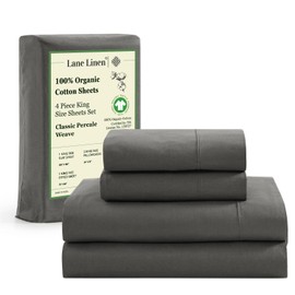 LANE LINEN 100% Organic Cotton Sheets King Size - 4Pc King Sheet Set, Soft Sheets for King Size Sheets, Percale Weave, Hotel Luxury Bed Sheets, 15" King Sheets Deep Pocket, Oeko Tex Sheets - Charcoal