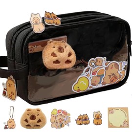 Capybara Pencil Case Cute Clear PencilCase Aesthetic Multi-Layer Transparent Pencil Pouch Capybara Large Capacity Multi-Layers Pouch Wide Opening with Stickers Capybara School Supplies (Black)