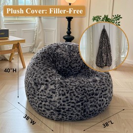 XeGe Faux Fur Leopard Print Bean Bag Chair Cover (No Filler), Fluffy Stuffed Animal Storage Cheetah Bean Bag Home Decor, Furry Fuzzy Big Beanbag Cover for Adults Teens Kids Girls, Anti-slip, Grey