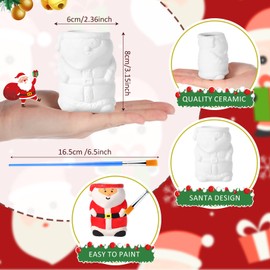 Pasimy 6 Set Ceramics to Paint DIY Ceramic Succulent Planter Pots Paint Your Own Flower Pots Craft Kit Unpainted Bisque Flowerpot with Brush Palette Christmas Gifts for Family Activity(Santa)