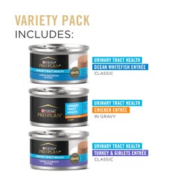 Purina Pro Plan Urinary Cat Food Wet Variety Pack Urinary Tract Health Ocean Whitefish, Chicken, Turkey and Giblets - (Pack of 24) 3 oz. Cans