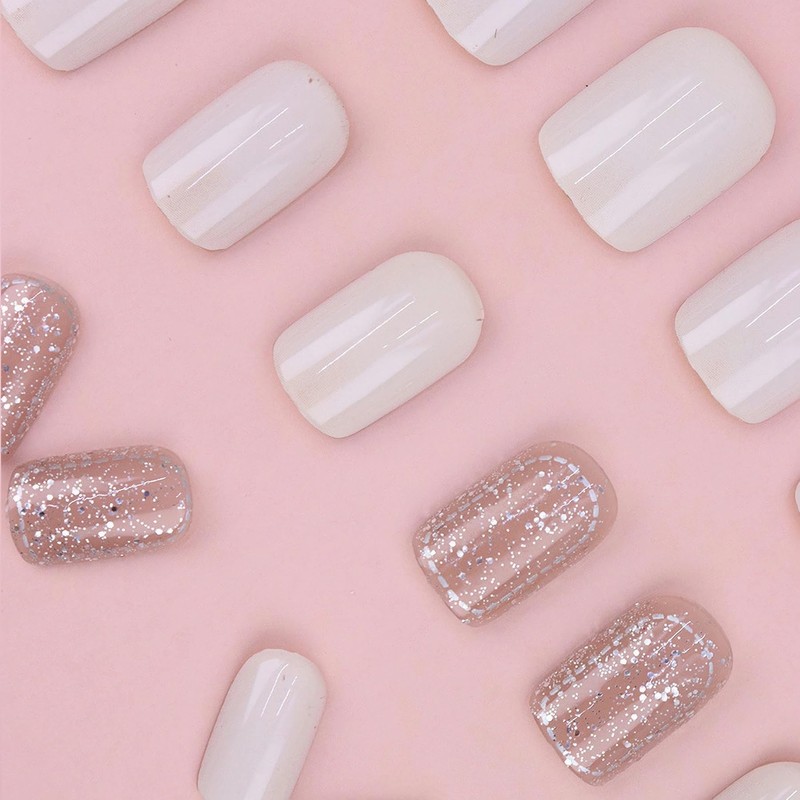 Nail Tip, Short, 24 Pieces, False Nails, Silver Foil, White,