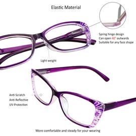 VisionGlobal 5 Pairs Reading Glasses with Spring Hinge, Blue Light Blocking Glasses, Computer Reading Glasses for Women and Men, Fashion Square Eyewear Frame(Purple,+3.00 Magnification)
