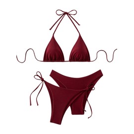 GORGLITTER Women's 3-Piece Bikini Sets Halterneck Bikini Sets Swimwear Three-Piece Swimsuits Triangle Backless Bikini Bottoms with Bows, bordeaux, S