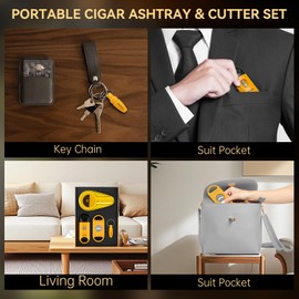 CIGARLOONG Cigar Ashtray and Cutter Set.Ceramic Ashtray with V Cutter,Guillotine Cutter and Cigar Stitch.A Cigar Accessories Set,Gift for Men (Black)