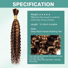 50g 26 Inch Human Braiding Hair Deep Wave Ombre Braiding Hair 1 Bundle/Pack Curly Bulk Human Hair for Braiding Wet and Wavy No Weft P4/27 Highlight Brown Human Braiding Hair for Micro Braids