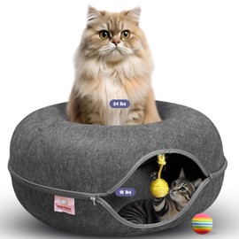 Peekaboo Cat Tunnel Bed with Hanging Ball Toy – Large Cat Tunnels for Indoor Cats up to 30lbs – Round Cat's cave Bed with Scratch-Resistant, Easy to Wash & Cozy Design (24x24x11, Dark Grey)
