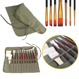 Paint Brush Roll Canvas Pouch, Paint Brush Holder Roll Up Canvas Paint Brush Bag,Artist Acrylic Oil Watercolour Brushes Case,Draw Pen Gouache Watercolor Oil Brush Storage (Army Green & 22 Slots)