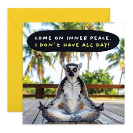 Inner Peace Lemur Greeting Card – Meditation Joke – Thinking of You Card for Him, Her, Stressed Friends, Wife, Husband, Girlfriend, Boyfriend, Fiance, Mom, Dad, Daughter, Son – Comes with Stickers