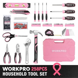 WORKPRO Pink Tool Set, 258 PCS Tool Kit for Women, Basic Household Case with Hammer, Screwdriver Set, Portable for Home Repair, New Apartment, House-Warming, DIY - Pink Ribbon