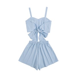 SweatyRocks Conjunto de 2 piezas para mujer, sin mangas, con lazo en la espalda, conjunto de playera corta y pantalones cortos, Azul Teal, M