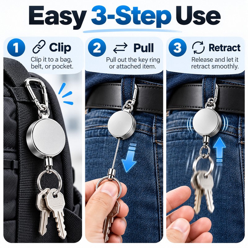 Retractable Keychain Pull Reel with Metal Wire Cable, Anti-Lost ID