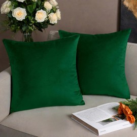 AMFUN Set of 2 Velvet Cushion Covers,Dark Green 45 x 45 cm Luxury Velvet Square Throw Pillow Cases, Decorative Throw Pillowcases with Invisible Zipper, for Livingroom Sofa Bedroom