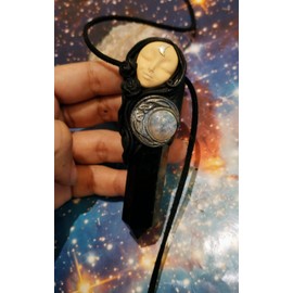 Hecate Necklace Statue Figurine Jewelry. Hekate Pendant Goddess of Witches Witchcraft and Magic. Gemstone Crystals. Wiccan Witch Triple Moon Altar Decor (Obsidian Wand Moonstone)