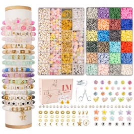 Lynnmos Clay Beads 8500 Pcs 2 Boxes Bracelet Making Kit - 24 Colors Polymer Clay Beads for Bracelet Making Set - Heishi Disc Beads for Jewelry Making kit with Charms and Gift Pack for Girls
